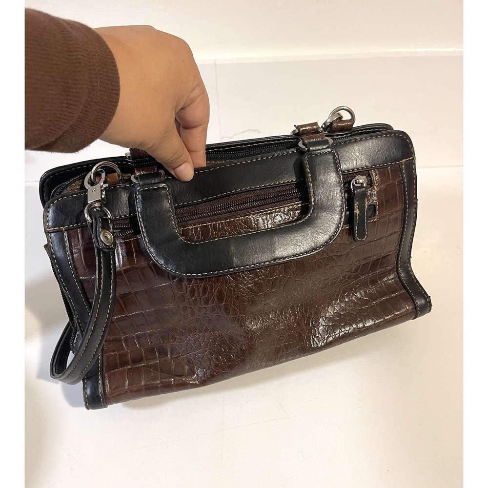 M.C. Marc Chantal Dark Brown Crocodile Embossed Leather‎ Shoulder Handbag Purse - Picture 3 of 4